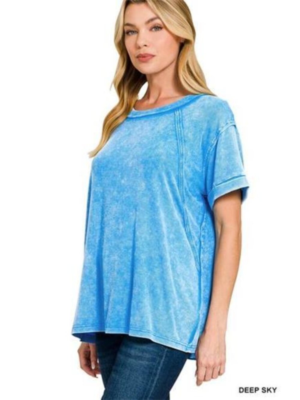 Zenana Washed‎ Ribbed Cuffed Short Sleeve Round Neck Top - Picture 2 of 7